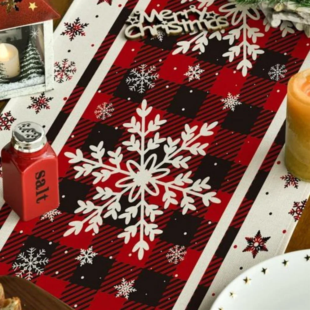 Christmas Table Runner Plaid Snowflake Decor Winter Decoration Decorative Cloth